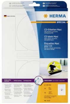 Herma CD-Etiketten rund 116 25 Blatt DIN A4 50 Stück    5115
