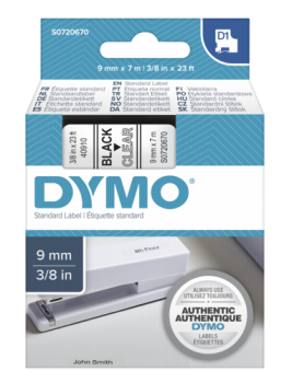 Dymo D1 Schriftband 9 mm x 7 m schwarz auf transparent    40910