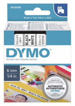 Dymo D1 Schriftband 6 mm x 7 m schwarz auf weiß           43613