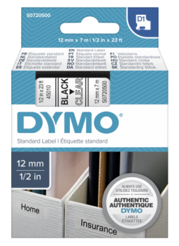 Dymo D1 Schriftband 12 mm x 7 m schwarz auf transparent    45010