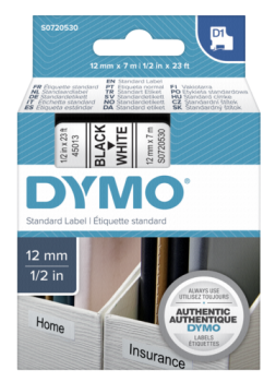 Dymo D1 Schriftband 12 mm x 7 m schwarz auf weiß           45013