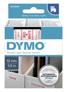 Dymo D1 Schriftband 12 mm x 7 m rot auf weiß               45015