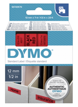 Dymo D1 Schriftband 12 mm x 7 m schwarz auf rot            45017