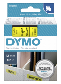 Dymo D1 Schriftband 12 mm x 7 m schwarz auf gelb           45018