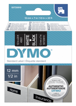 Dymo D1 Schriftband 12 mm x 7 m weiß auf schwarz           45021