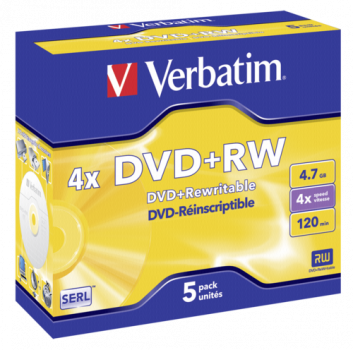 1x5 Verbatim DVD+RW 4,7GB 4x Speed, matt silver Jewel Case