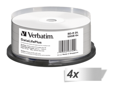 4x25 Verbatim BD-R Blu-Ray 50GB 6x Speed printable Cakebox