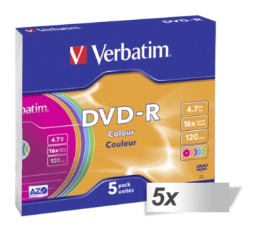5x5 Verbatim DVD-R 4,7GB Colour 16x Speed, Slim Case