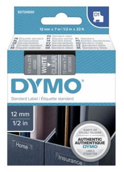 Dymo D1 Schriftband 12 mm x 7 m weiß auf transparent       45020
