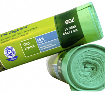 1x15 Secolan Mülleimerbeutel mit Zugband 60 l grün