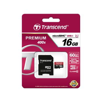Transcend microSDHC         16GB Class 10 UHS-I 400x + SD Adapter