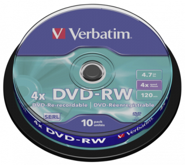 1x10 Verbatim DVD-RW 4,7GB 4x Speed, matt silver Cakebox