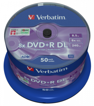 1x50 Verbatim DVD+R Double Layer 8x Speed, 8,5GB matt silver