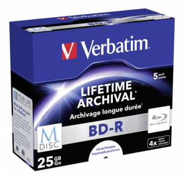 1x5 Verbatim M-Disc BD-R Blu-Ray 25GB 4x Speed, Jewel Case print.