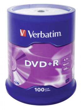 1x100 Verbatim DVD+R 4,7GB 16x Speed, matt silver