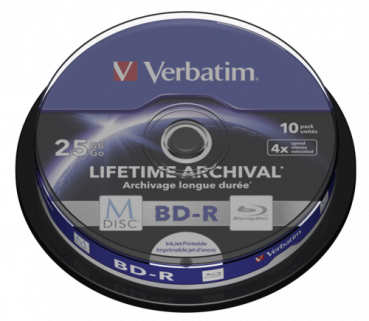 1x10 Verbatim M-Disc BD-R BluRay 25GB 4x Speed Cakebox printable