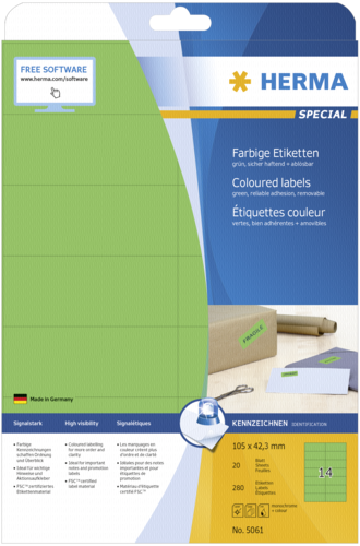 Herma Etiketten grün    105x42,3 20 Blatt DIN A4 280 Stück   5061
