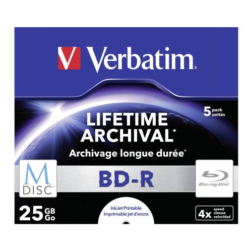 1x5 Verbatim M-Disc BD-R Blu-Ray 25GB 4x Speed, Jewel Case print.